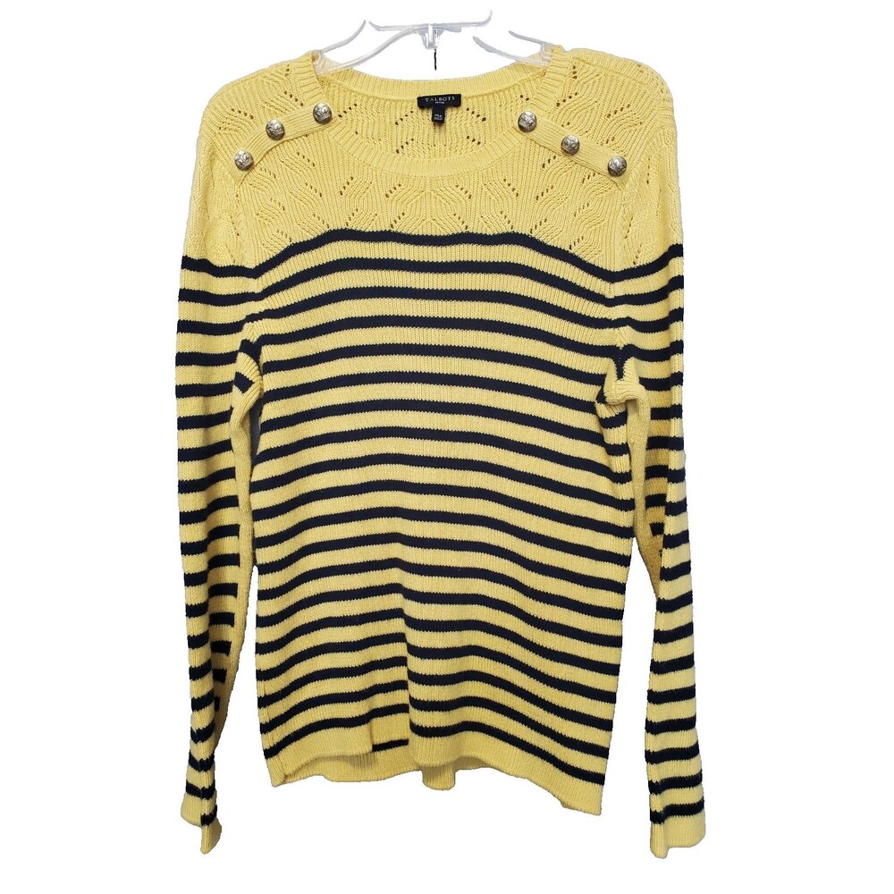 Talbots Petites Yellow Striped Pointelle Button Accent Long Sleeve Sweater XLP